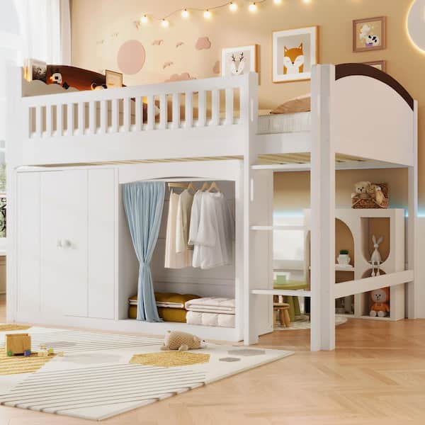 Belnor Modern White and Espresso Finish Twin Size Wood Loft Bed with Storage Cabinet, Wardrobe and LED