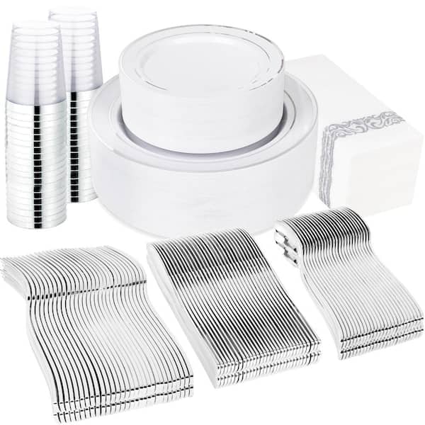 Silver Rim Heavy Duty Disposable Plastic Dinnerware Set Plates, Cups, Silverware and Napkins (Set of 400)