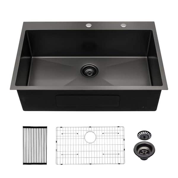 30 in. Drop-in Single Bowl 16 Gauge Black Stainless Steel Kitchen Sink with Bottom Grid, Drain