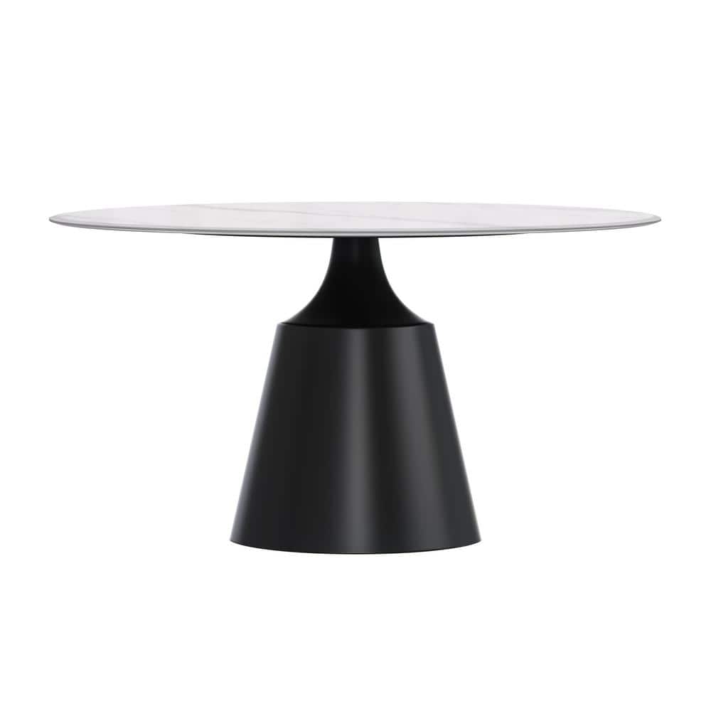 Prynn 60" Round White Glass Dining Table with Black Pedestal Base