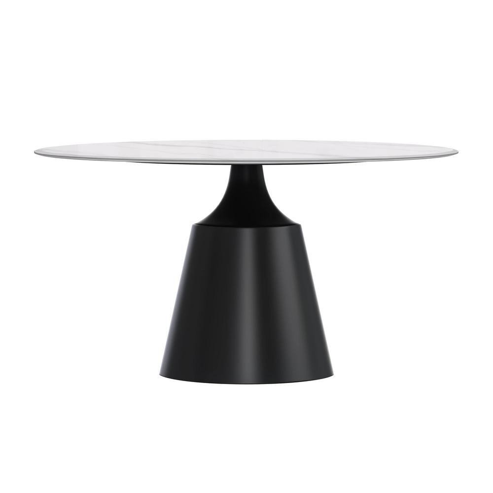 Prynn 60" Round White Glass Dining Table with Black Pedestal Base