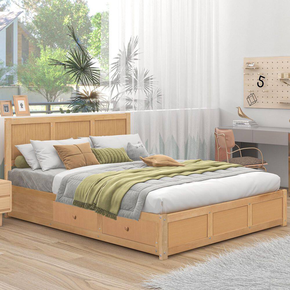 Natural Brown Wood Frame Queen Size Platform Bed with 2 Drawers and Underneath Storage price history on PriceWatchPro