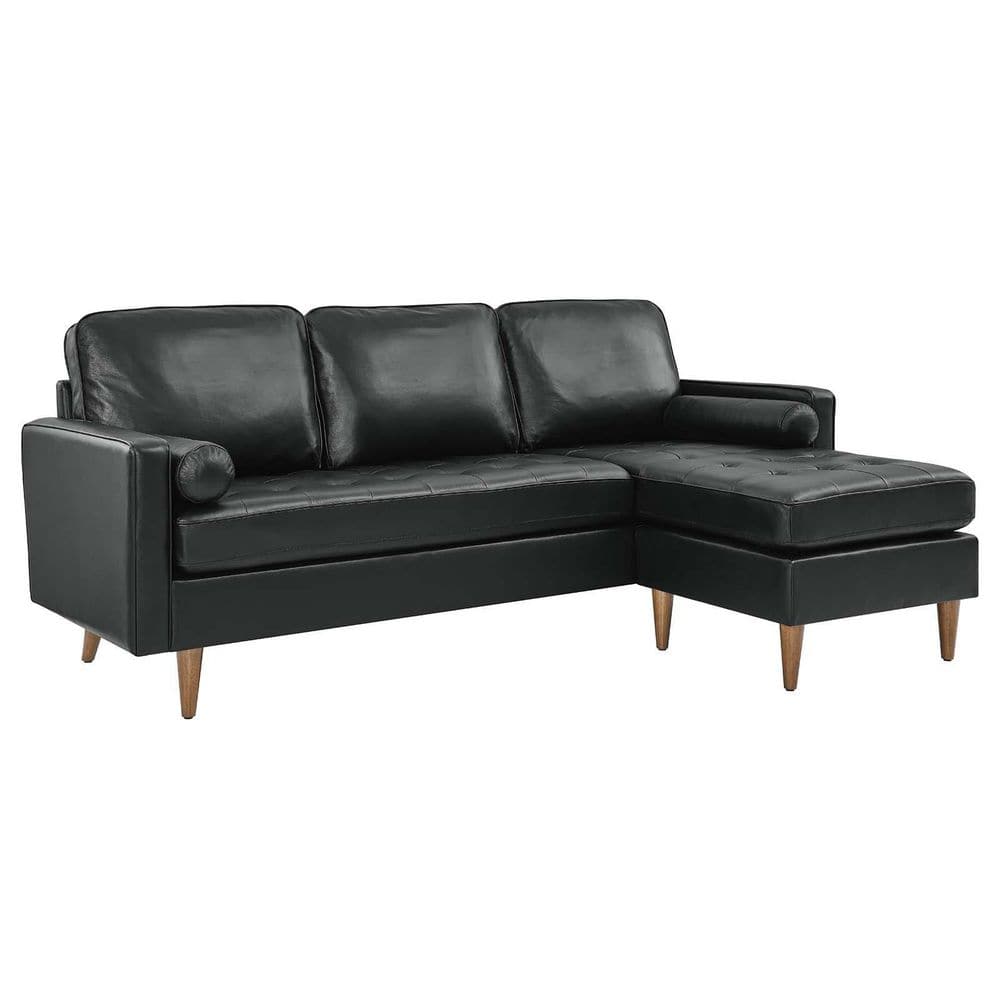 Valour 78" Black Genuine Leather Tufted Sectional Sofa with Ottoman
