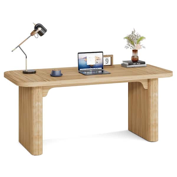 BYBLIGHT Moronia 62 in. Rectangle Natural Wood Executive Desk, Computer Office Desk with Double Pedestal for Home Office
