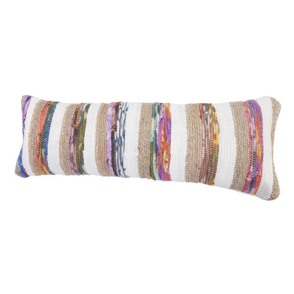 Natural Jute and Multicolored Cotton Striped Rectangular Throw Pillow