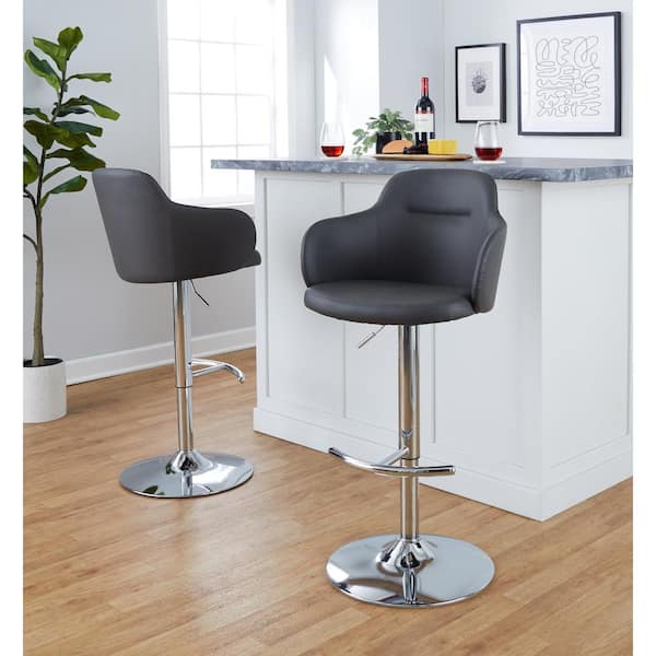 Lumisource Boyne 33 in. Grey Faux Leather and Chrome Metal Adjustable Bar Stool (Set of 2)