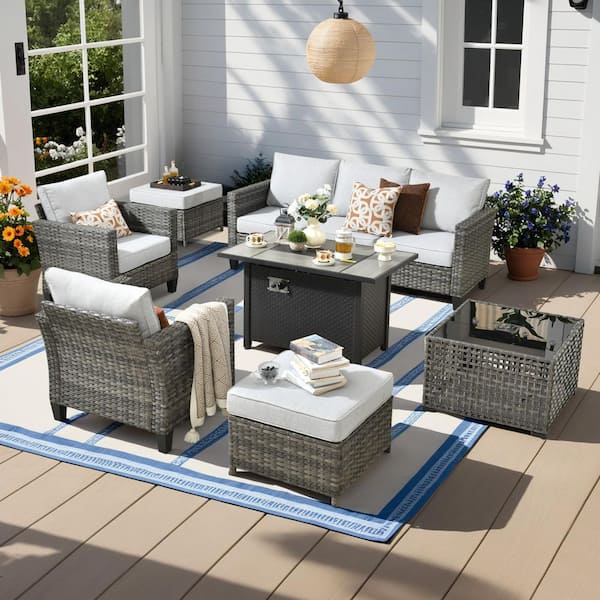 Scarlet 7-Piece Wicker Outdoor Fire Pit Patio Conversation Sofa Set with a Solar Lighted Table and Light Grey Cushions