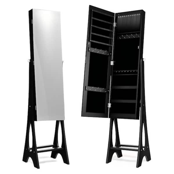 61 in. Rectangular Black MDF Freestanding Jewelry Armoire Boxes Storage Organizer with Mirror