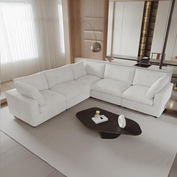 J&E Home Oversized 118 in. W Square Arm Rabbit Velvet Plush Modular Sofa in. Beige