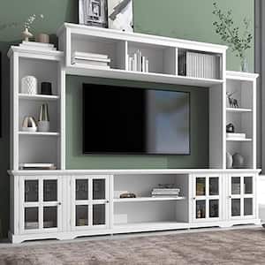 White Multifunctional TV Stand, Entertainment Wall Unit Center Fits TV's up to 70 in. with Glass Doors & Bridge