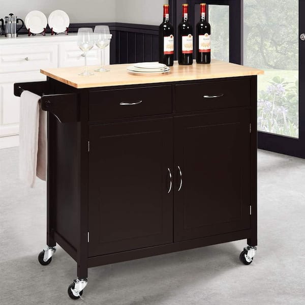 Bunpeony Brown Rolling Kitchen Cart with Towel Rack and Wood