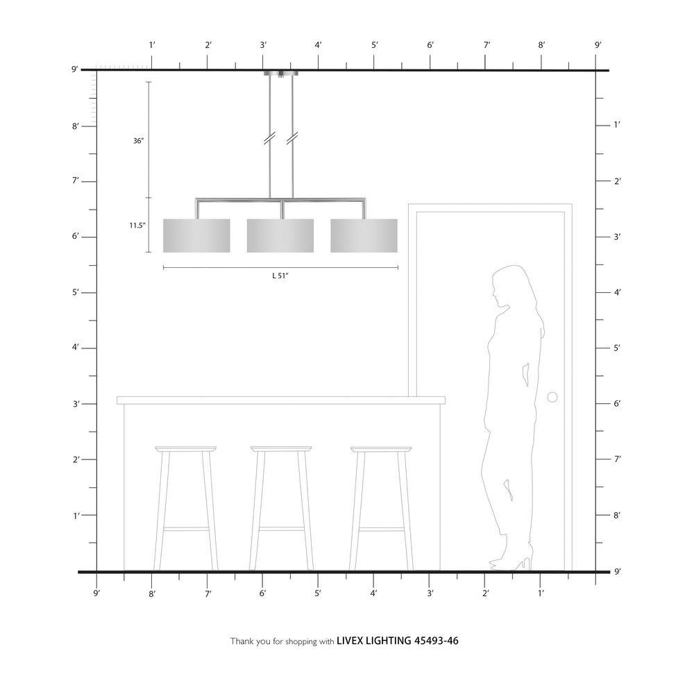 Black Chrome 3-Light Linear Chandelier with Off-White Shades