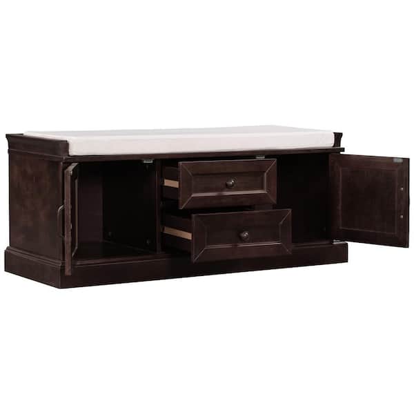 URTR Espresso Storage Bench with Removable Cushion, Shoe Bench With 2 Drawers and 2 Cabinets(42.5"L x 15.9"W x 17.5"H)