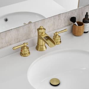 Classic 8 in. Widespread Double Handle Brass Bathroom Faucet with Pop Up Drain and Water Supply Hoses in Brushed Gold