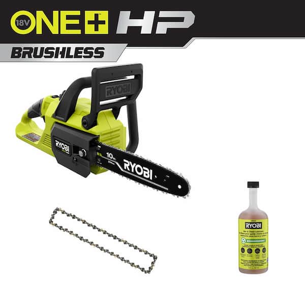 RYOBI ONE+ HP 18V Brushless 10 in. Cordless Battery Chainsaw (Tool Only) with Extra Chain and Bar and Chain Oil
