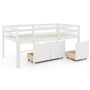 White Twin Size Low Loft Bed with 3 Drawers Ladder & Full-length Guardrails Storage