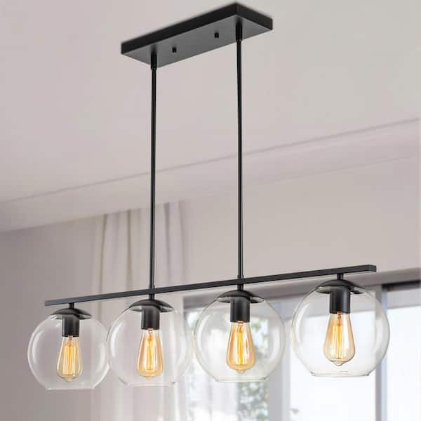 GoYeel 4-Light Modern/Contemporary Matte Black Hanging Pendant Light Globe Clear Glass Linear Kitchen Island Light