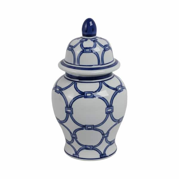 10.5 in. Blue/White Ceramic Links Decorative Temple Jar