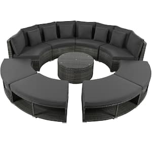 9-Piece Gray Metal Rattan Circular Outdoor Sectional Set Sofa with Tempered Glass Coffee Table, Cushions and 6 Pillows