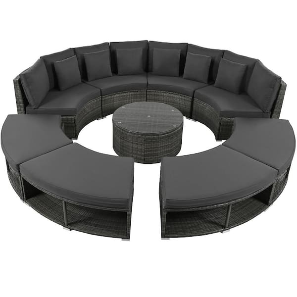 ITOPFOX 9-Piece Gray Metal Rattan Circular Outdoor Sectional Set Sofa with Tempered Glass Coffee Table, Cushions and 6 Pillows