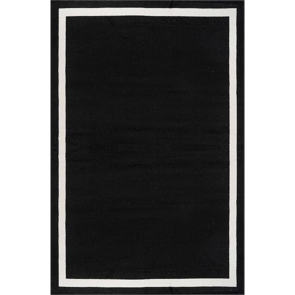 Aura Black 8 ft. x 10 ft. Rubber Back Washable Modern Bordered Indoor Outdoor Area Rug