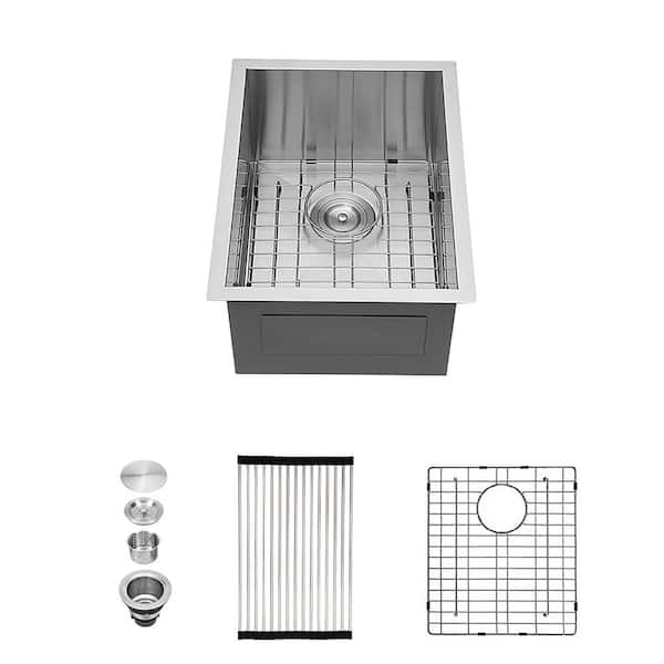 15 in. Undermount Single Bowl 16 Gauge Brushed Nickel Stainless Steel Kitchen Sink with Bottom Grids