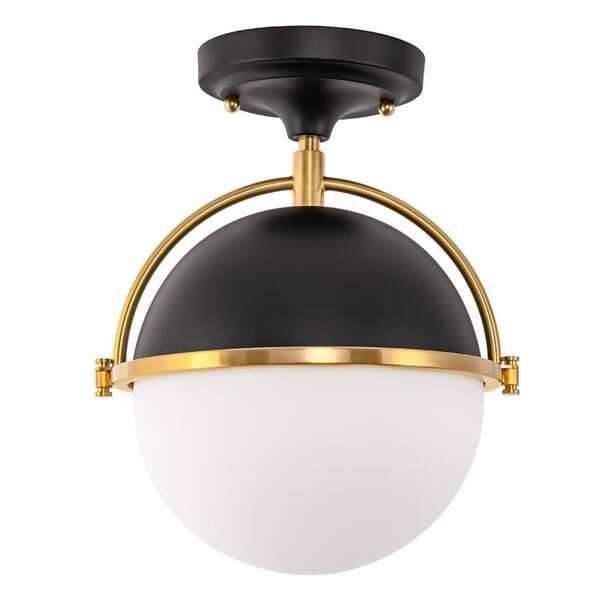YANSUN 10 in. 1-Light Black and Gold Dome Semi-Flush Mount Ceiling Light with Frosted Glass Shade for Bedroom or Living Room