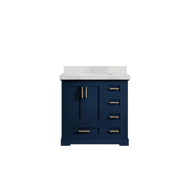 Willow Collections Boston 36 in. W x 22 in. D x 36 in. H Single Sink Bath Vanity Center in Navy Blue with 2" Calacatta Nuvo Top