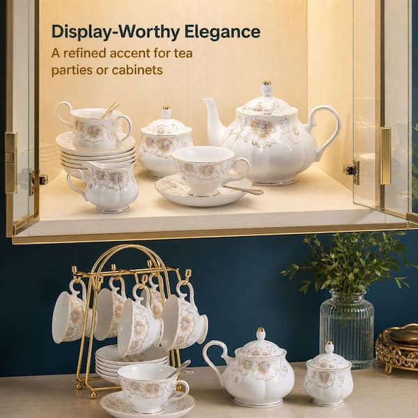 Numhew 22-Piece 6-Cup White Porcelain Ceramic Tea Pot Set with Cup