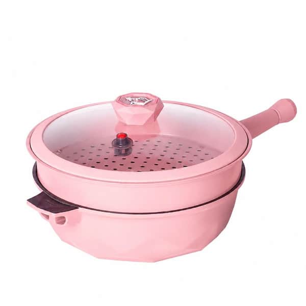 11 in. 5 Qt Nonstick Deep Frying Pan with Glass Lid and Steamed Grid, PFOA-Free, Heat Indicator, All Stovetops