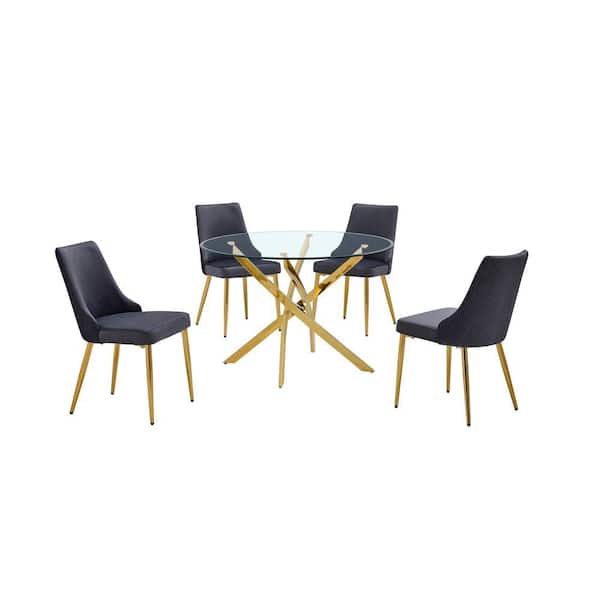 Poly 5-Piece Clear Tempered Glass Top with Gold Chrome Base Dining Set with 4 Dark Grey Velvet Chairs