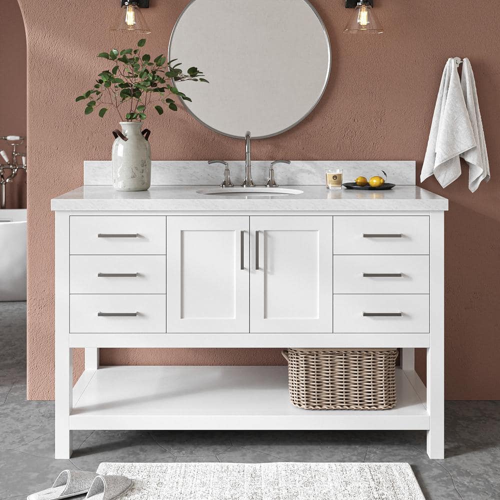 Magnolia 55 in. W x 22 in. D x 36 in. H Bath Vanity in White with Carrara Marble Vanity Top in White with White Basin -  ARIEL, S055SCWOVOWHT