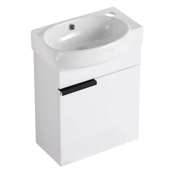 16 in. x 11.6 in. Wall-Mounted Gloss White Bath Vanity with White Round Ceramic Sink Top, Soft-Close Door (Unassembled)