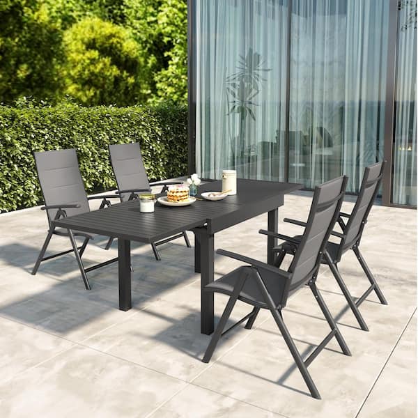 5 Pieces Gray Aluminum Outdoor Patio Dining Set with Extendable Table and Adjustable Folding Chairs
