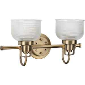 Archie Collection 17 in. 2-Light Gold Vintage Brass Clear Double Prismatic Glass Coastal Bathroom Vanity Light