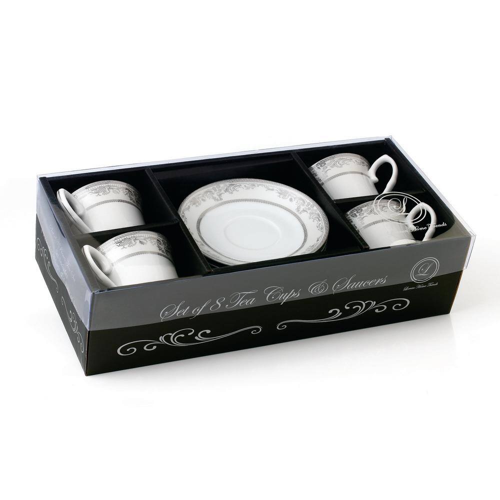 Elegant Silver Floral Porcelain Tea Cups and Saucers Set, 8 oz, Set of 4