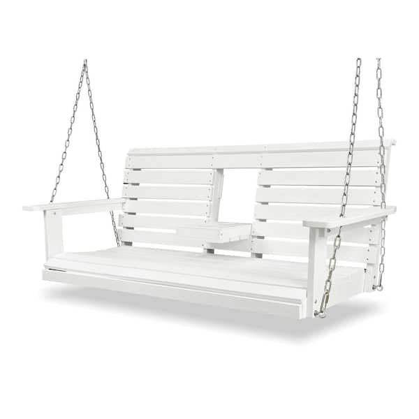 Plastic Poly Lumber 5 ft. 3-Person Porch Swing with Foldable Cup Holders, High Back, Deep Seat, White