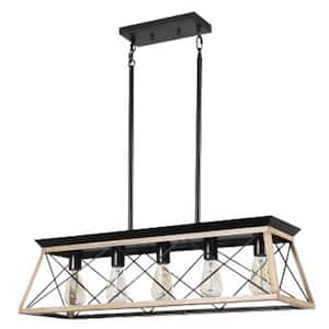 5 light Oak Rectangular Chandelier for Living Room with no bulbs included
