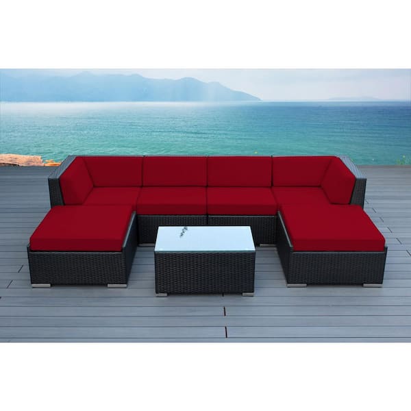 Ohana Depot Ohana Black 7-Piece Wicker Patio Seating Set with Sunbrella Jockey Red Cushions