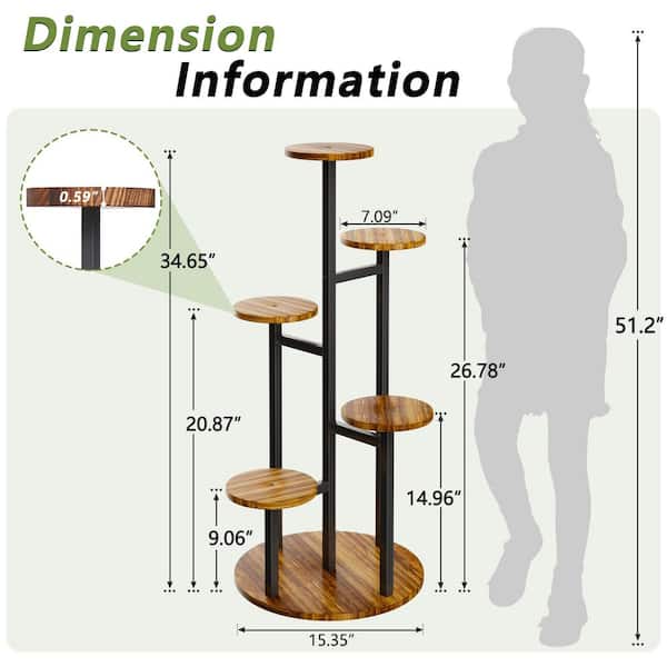 6-Tier Plant Stand with Rotating Wood Shelves, 34.65 in. Accent Cabinet and Display Rack for Small Spaces, Brown