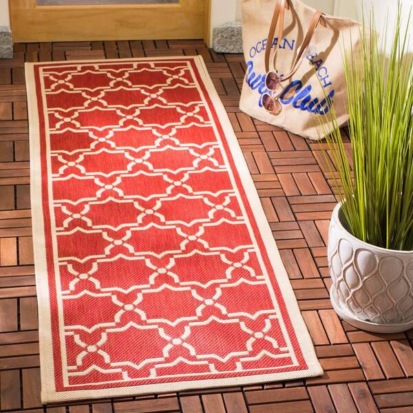 Courtyard Red/Bone 2 ft. x 10 ft. Geometric Indoor/Outdoor Patio  Runner Rug