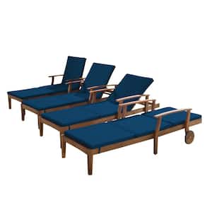 Perla Brown Wood Outdoor Chaise Lounge with Blue Cushions (Set of 4)