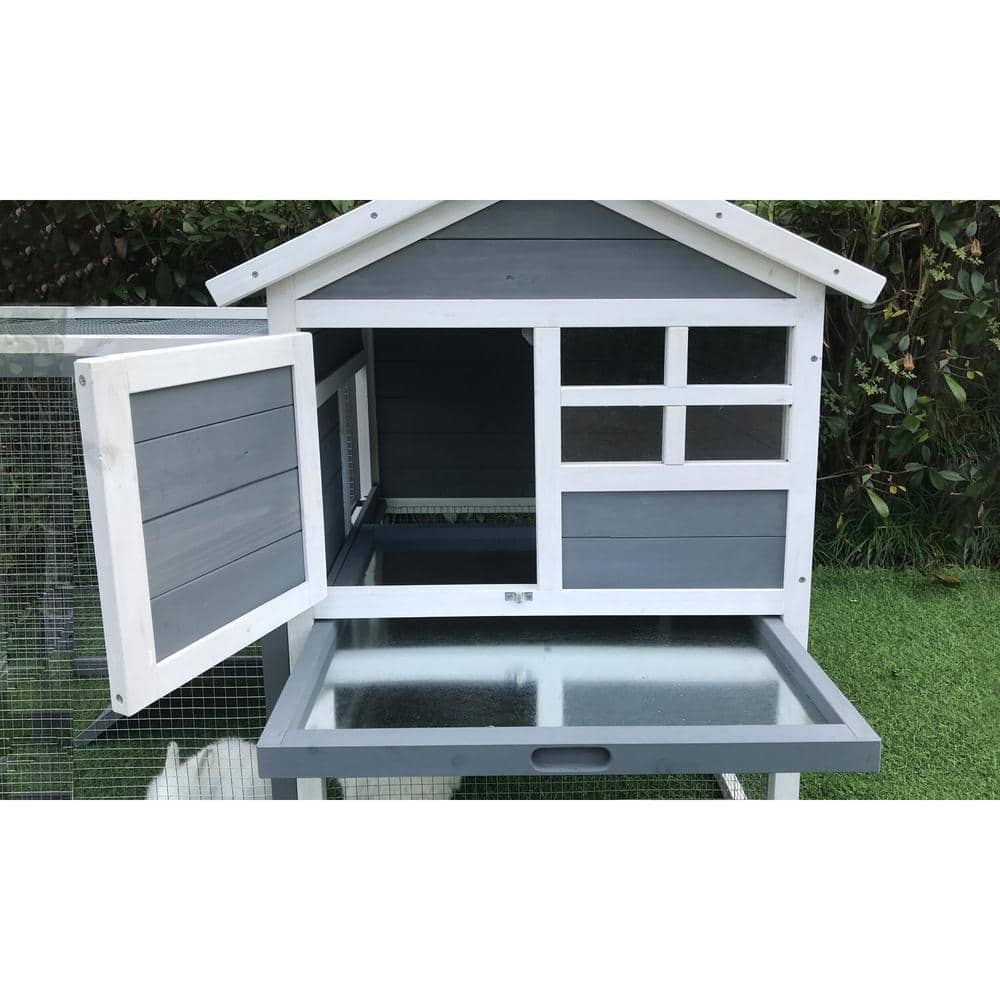 Gray and White Wooden Rabbit Hutch with Wire Mesh Run