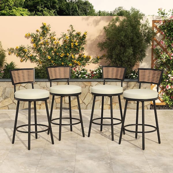4-Piece Swivel Metal Outdoor Bar Stool Set with Rattan Backrest and Beige Cushions