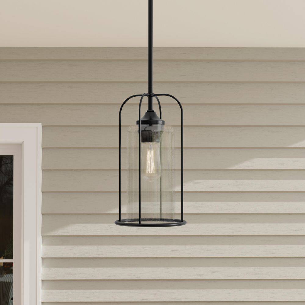 Textured Black Farmhouse Hanging Pendant Lantern with Seeded Glass Shade