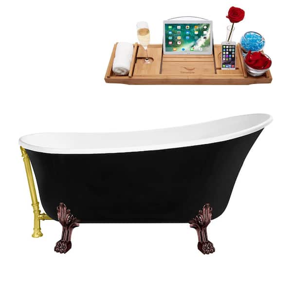 Streamline 59 in. Acrylic Clawfoot Non-Whirlpool Bathtub in Glossy Black With Matte Oil Rubbed Bronze Clawfeet,Polished Gold Drain