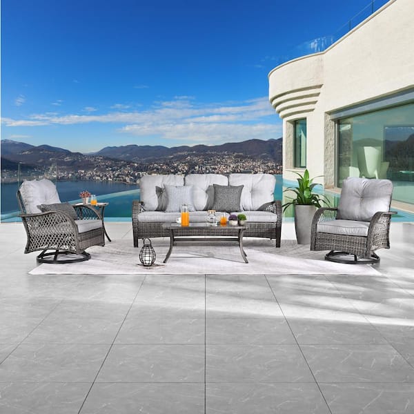 Patio Festival 5-Piece Wicker Patio Conversation Set with Gray Cushions