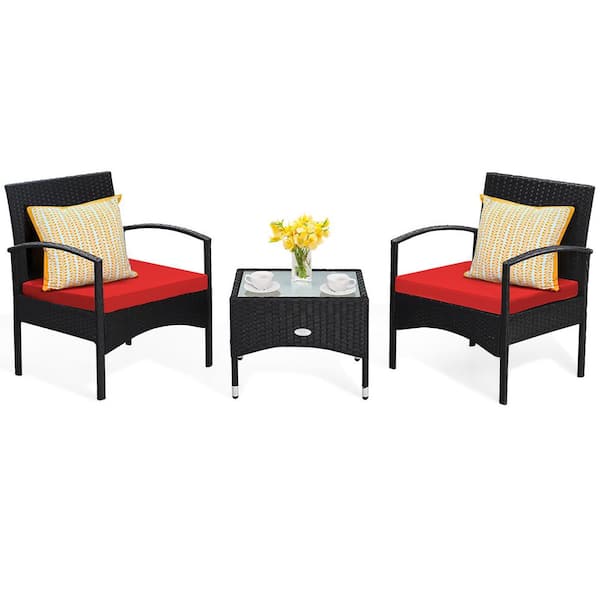 3 -Piece Patio Wicker Rattan Furniture Set Coffee Table and 2 Rattan Chair with Red Cushion