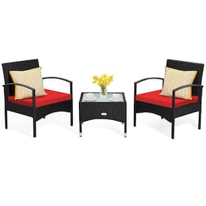 3 -Piece Patio Wicker Rattan Furniture Set Coffee Table and 2 Rattan Chair with Red Cushion
