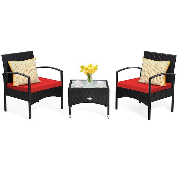 Costway 3 -Piece Patio Wicker Rattan Furniture Set Coffee Table and 2 Rattan Chair with Red Cushion